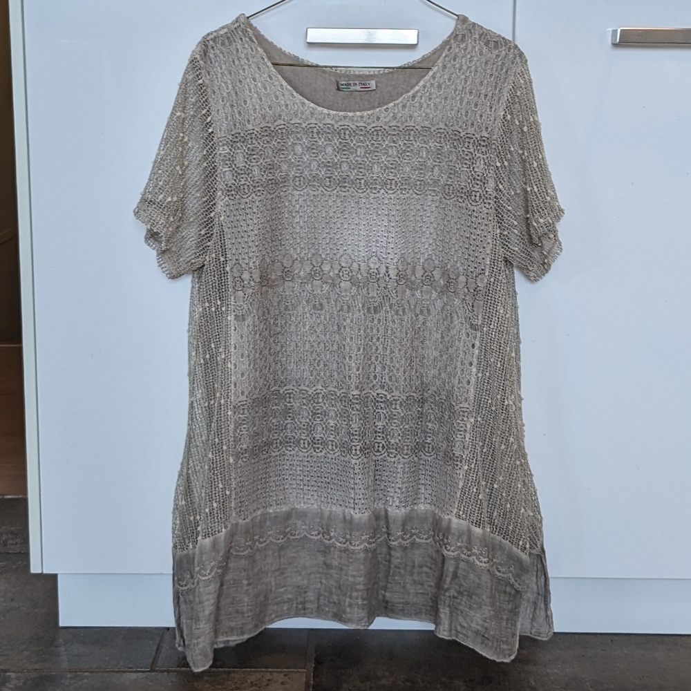 Made In Italy Crochet Boho Whimsical Beaded Sequin Gypsy Tunic Top Light Tan